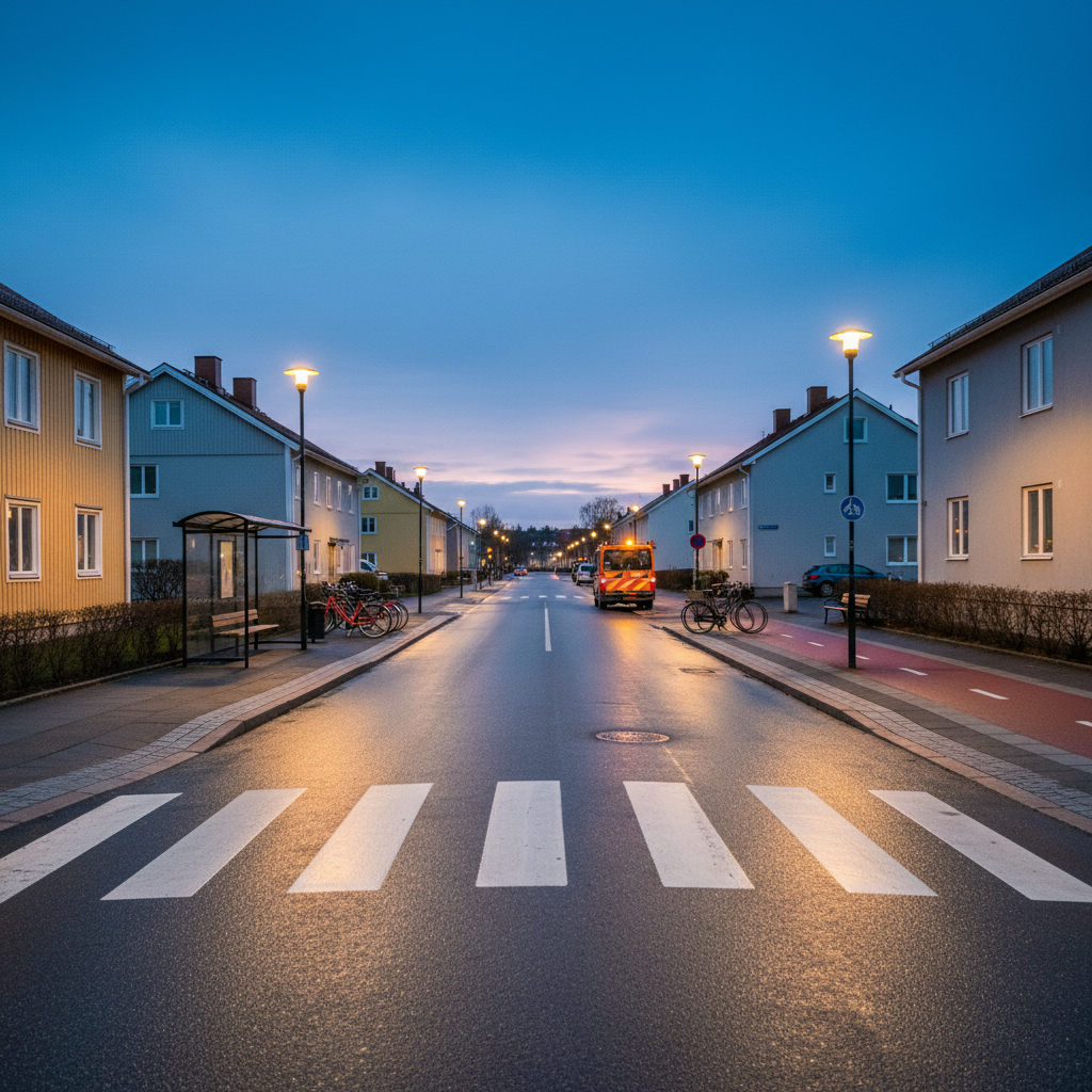 A quiet Söderköping residential street at dusk, captured in photographic realism from a low, sidewalk-level angle. Neatly lined modest houses and low-rise buildings in soft Scandinavian colors flank a well-lit, clearly marked pedestrian crossing and a bus stop with a simple glass shelter. Streetlights cast a warm, even glow, reflecting subtly on damp asphalt after a light rain, while the sky holds the last blue of evening. In the mid-ground, a row of parked utility bicycles and a municipal maintenance vehicle imply public services at work. No people are visible, yet the infrastructure—benches, ramps, bicycle lanes—suggests inclusive, Social Democratic values in practice. The composition follows the street’s perspective lines into the distance, creating depth and a contemplative mood that invites reflection on everyday local political choices about mobility, safety, and public space.
