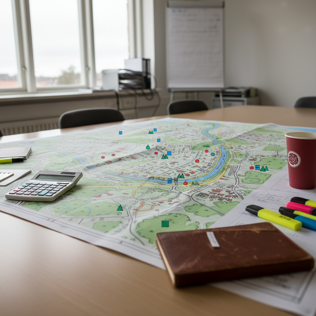A close-up, eye-level photograph of a large, detailed urban planning map of Söderköping spread across a light oak conference table in a modest municipal office. The map shows winding streets, the canal, green public parks, and school areas marked with colored, text-free symbols. Around it lie simple tools of local governance: a calculator, a worn leather notebook, uncapped highlighters, and a reusable coffee cup in muted red, hinting subtly at a Social Democratic tradition. Soft overcast daylight filters through a nearby window, giving an even, neutral light that reduces harsh shadows and enhances the paper’s texture. The mood is thoughtful and analytical, emphasizing complex considerations behind local decisions. Photographic realism with a shallow depth of field keeps the map sharp while the edges of the room gently blur, reinforcing focus on authentic planning work rather than personalities.