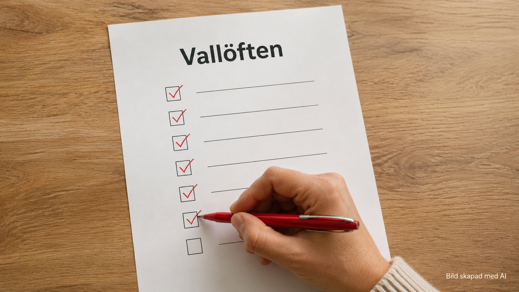 Hand som kryssar av vallöften på en lista.